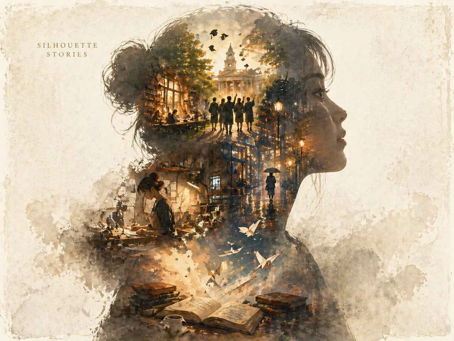 Overview artwork showing a profile silhouette filled with themed story worlds for GPT Image 2 posters