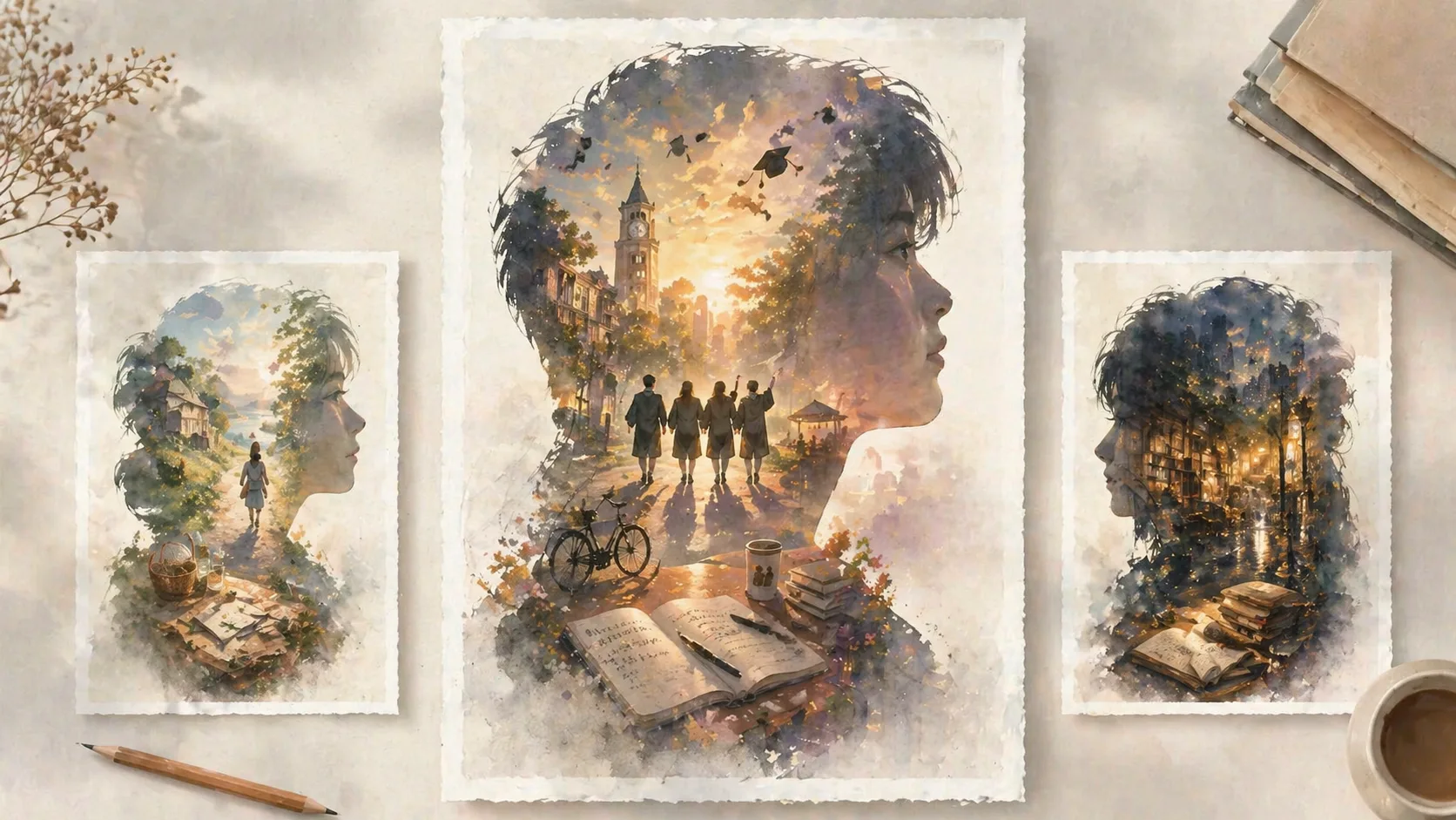 Generated result showcase with a finished silhouette story poster and refinement thumbnails