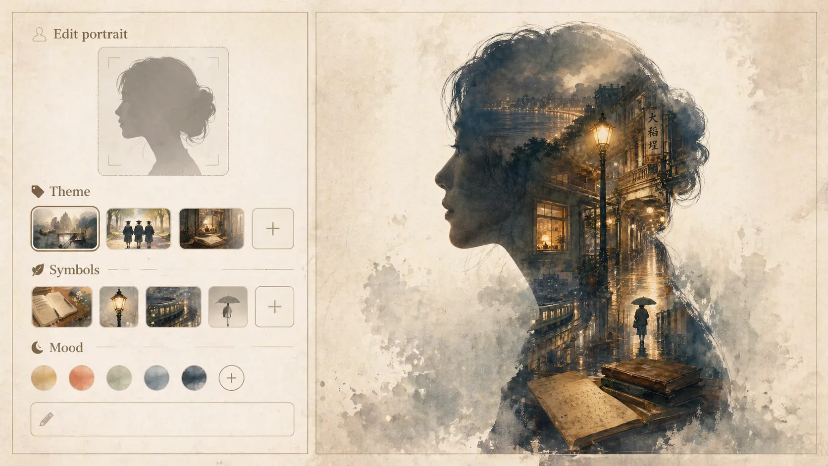 Workflow image showing editable portrait and theme variables for a silhouette poster prompt