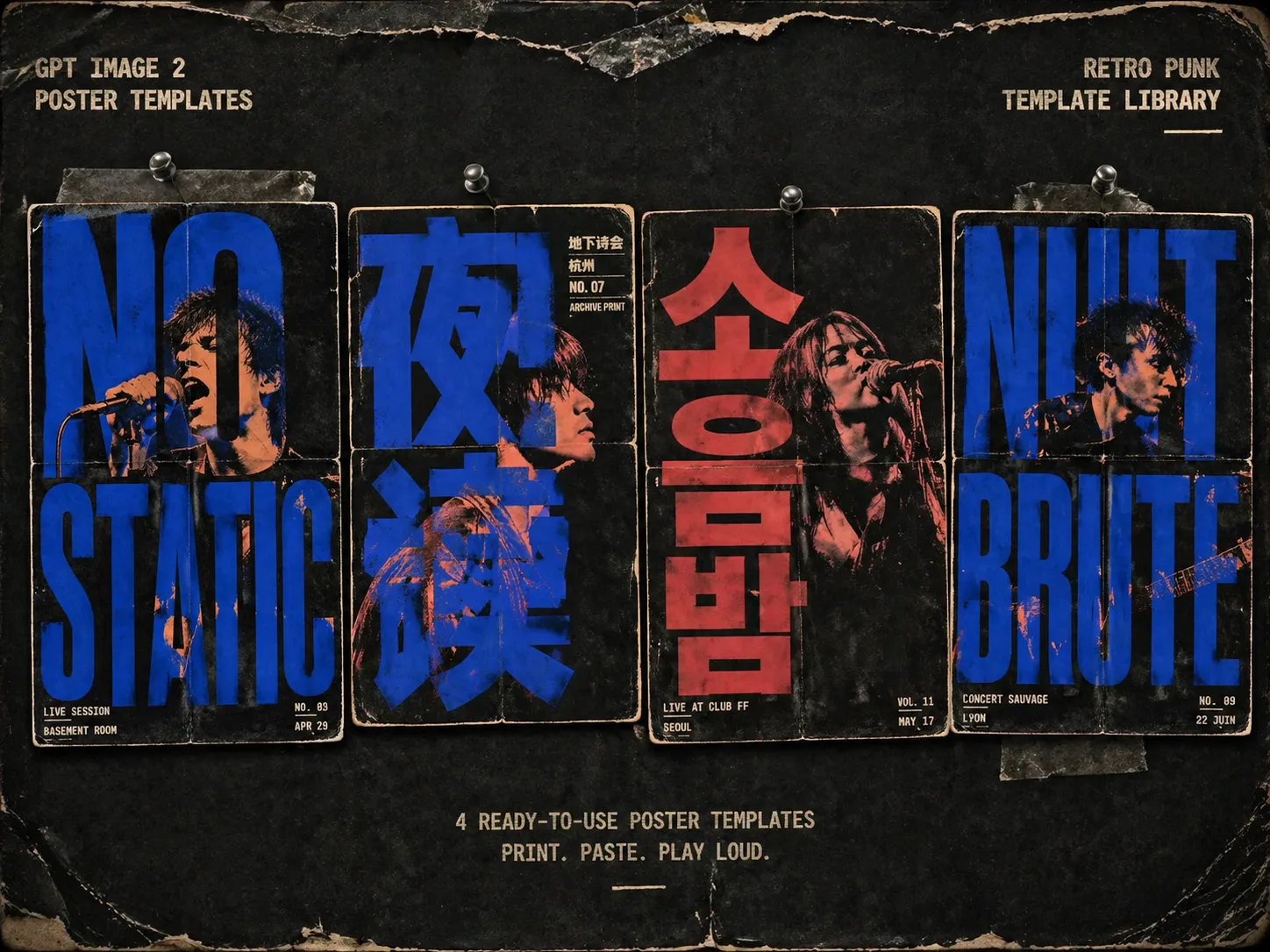 Overview of retro punk GPT Image 2 poster templates with giant type and screen print portraits