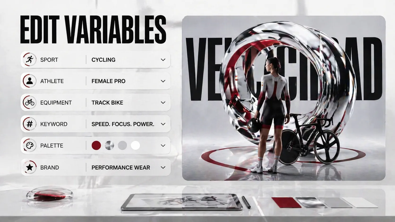 Editing sport, athlete, equipment, keyword, and brand variables for a poster prompt