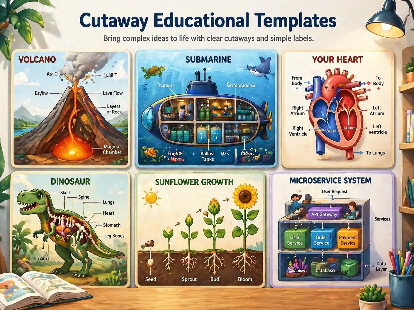 Galería de ejemplos de plantillas educativas en corte para GPT Image 2