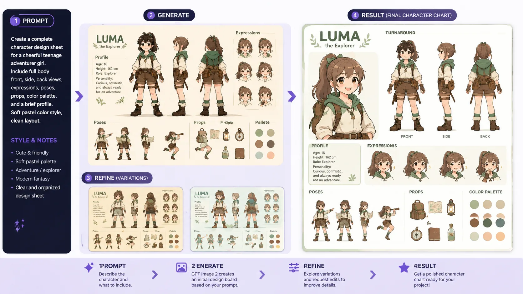 Generating and refining a complete character design chart with GPT Image 2