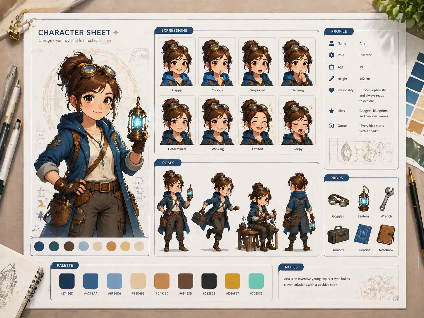 Overview of GPT Image 2 character design chart templates with portrait, expressions, poses, props, and palette