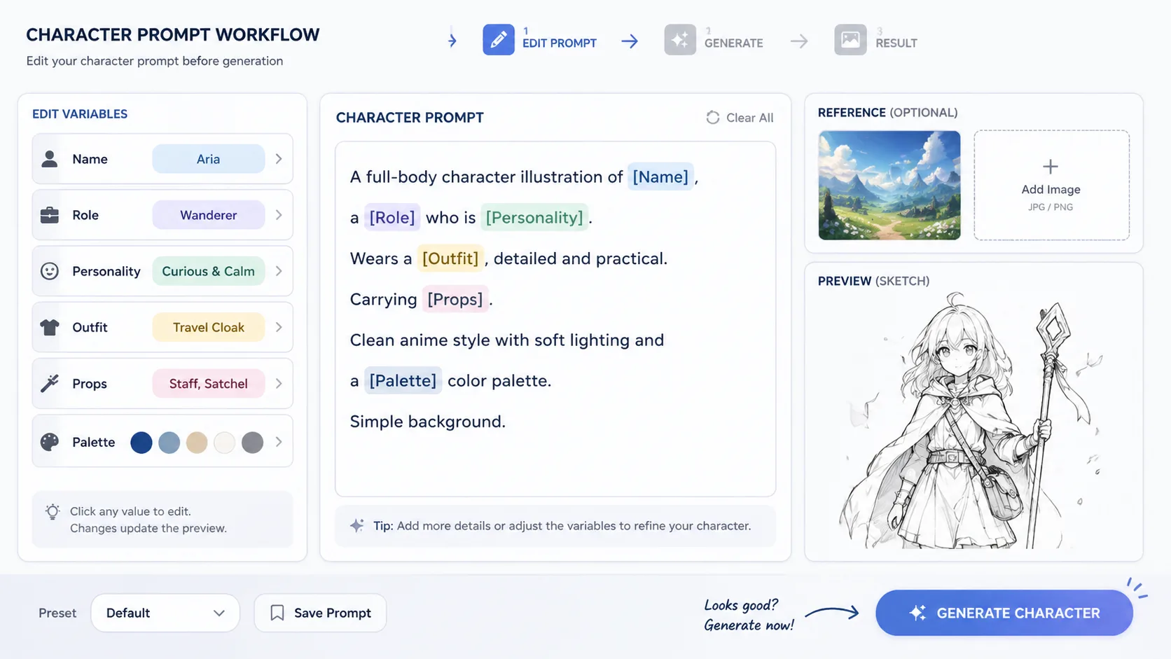 Editing character variables and reference details before generating a design chart