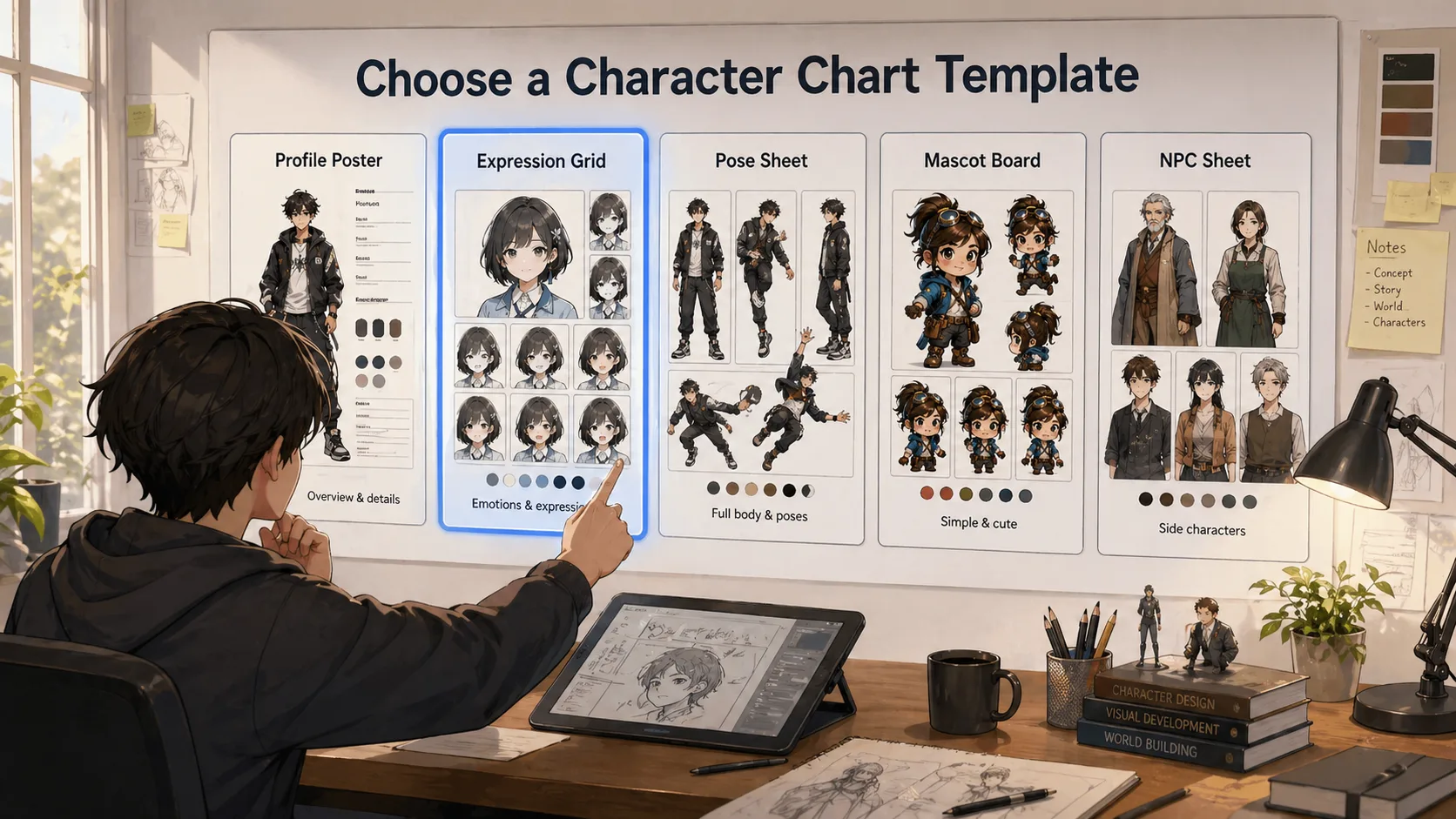 Choosing a GPT Image 2 character design chart template from a visual prompt library