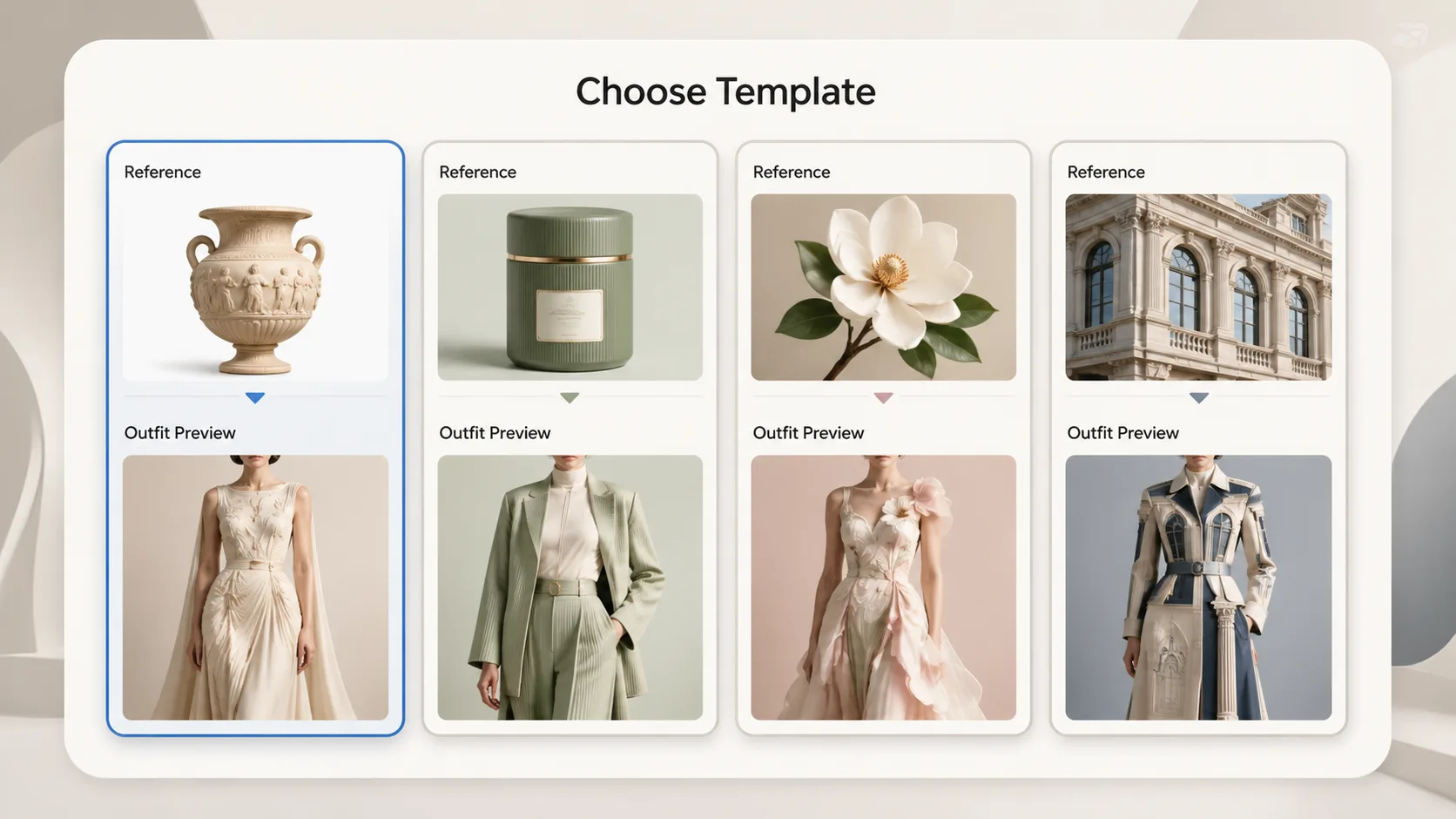 오브제 패션 프롬프트 - Choosing an object-inspired fashion prompt template from visual cards