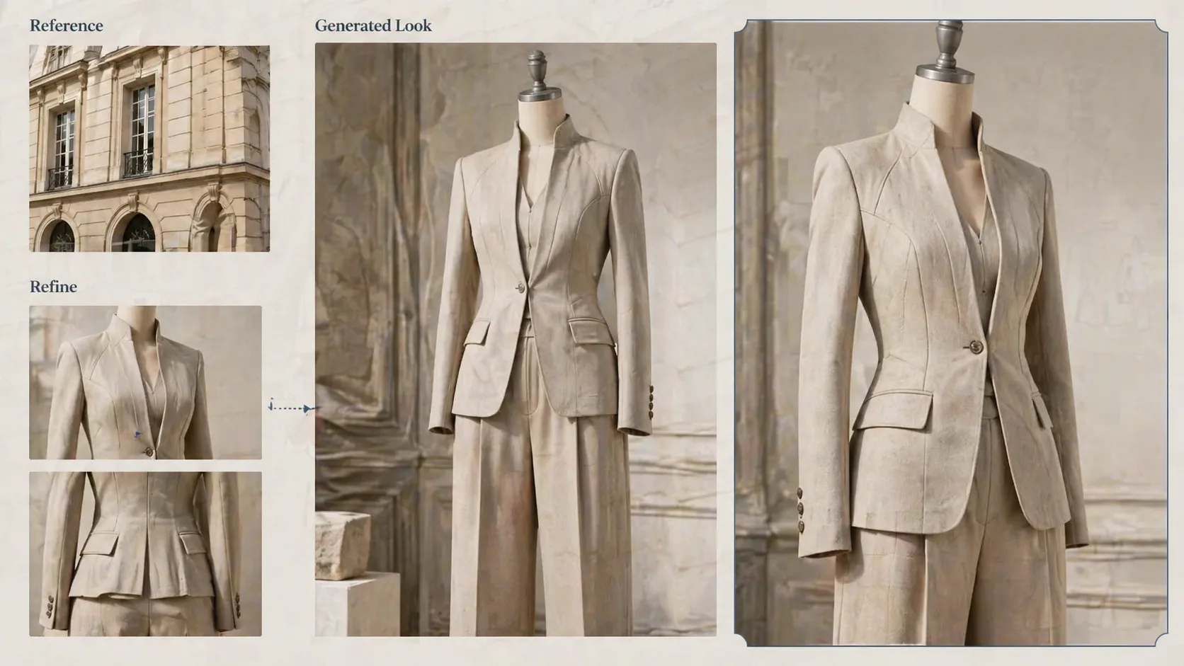 오브제 패션 프롬프트 - Generated object-inspired fashion look with reference inset and refinement variants