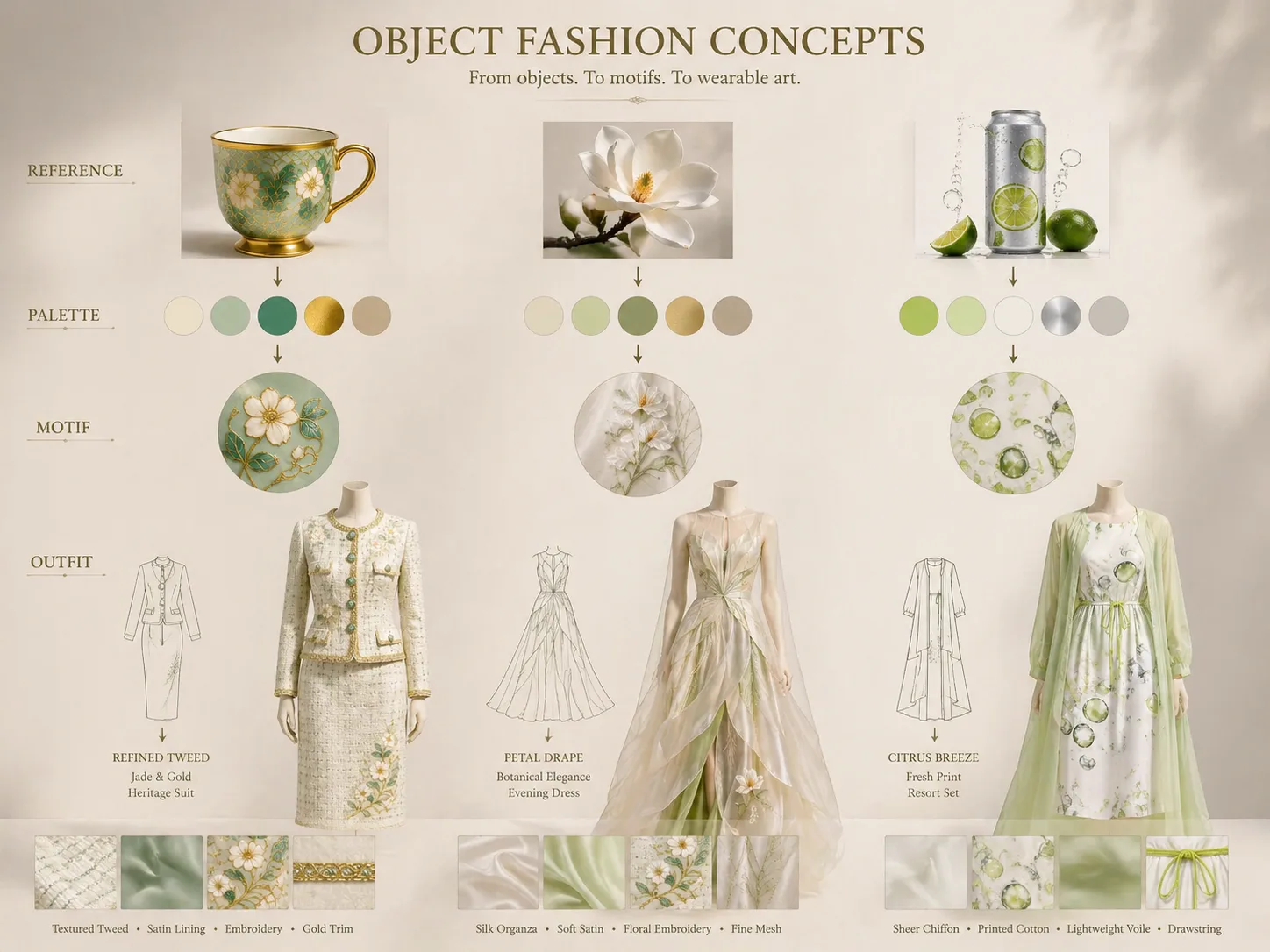 오브제 패션 프롬프트 - Object-inspired fashion concept board showing reference objects transformed into outfit ideas