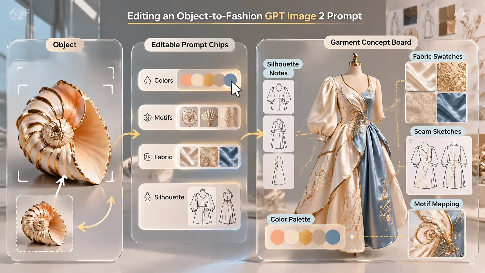 오브제 패션 프롬프트 - Editing object-inspired fashion prompt variables with swatches and garment notes