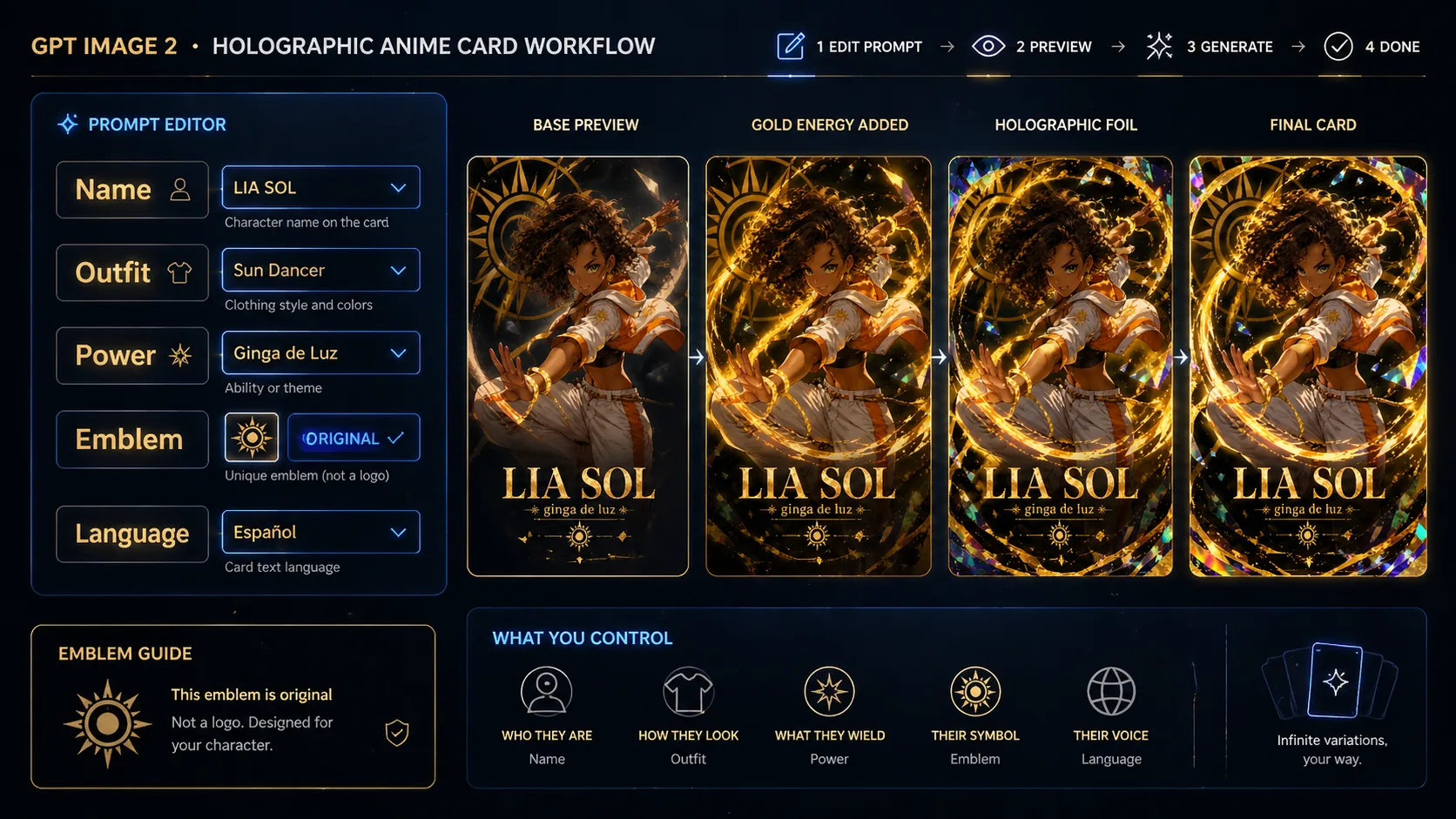 Editing character variables and title language for a holographic anime card prompt