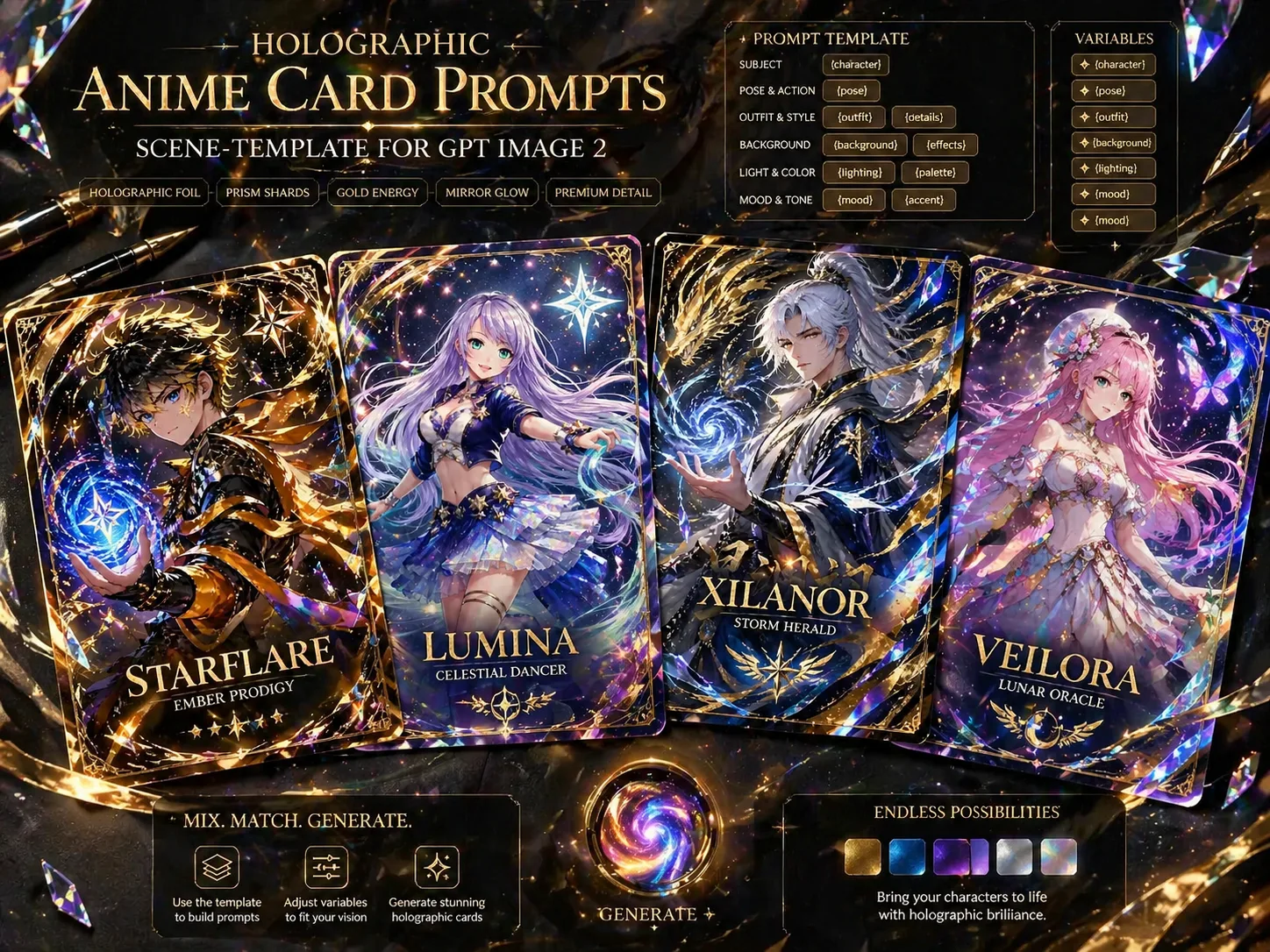 Overview of holographic anime card prompt templates with original characters and foil effects