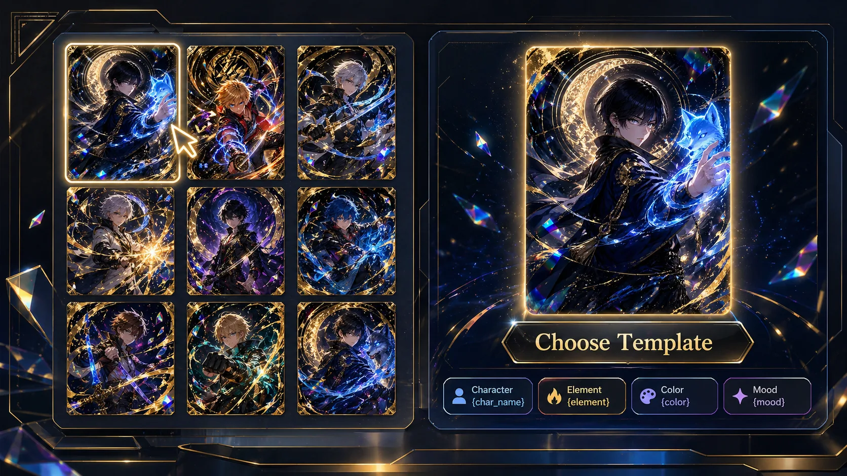 Choosing a holographic anime card template from original character prompt examples