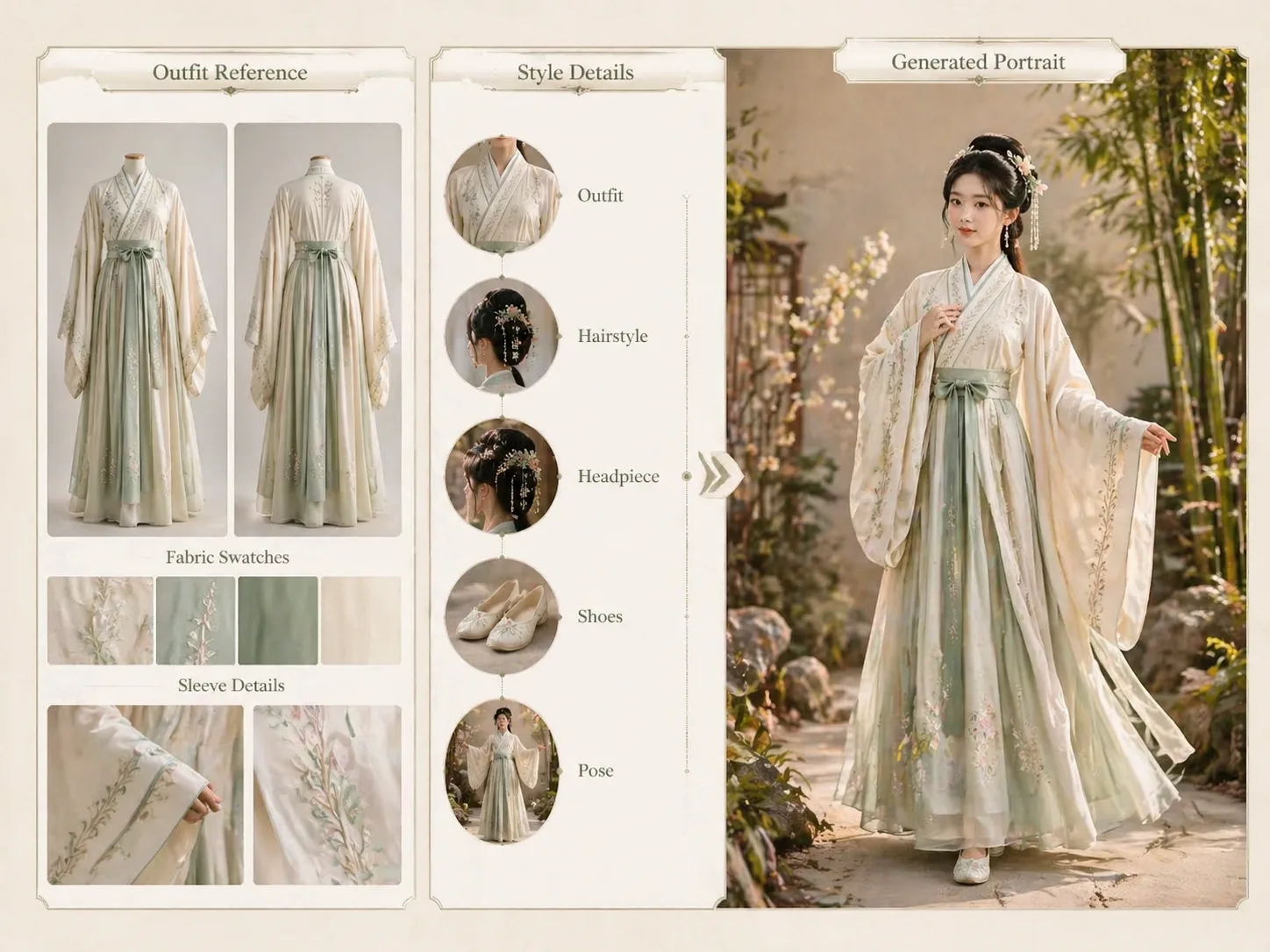 Reference outfit workflow turning Hanfu styling details into a full-body GPT Image 2 portrait