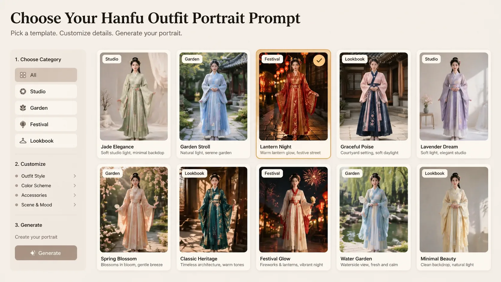 Choosing a Hanfu outfit portrait template from a grid of GPT Image 2 prompt cards
