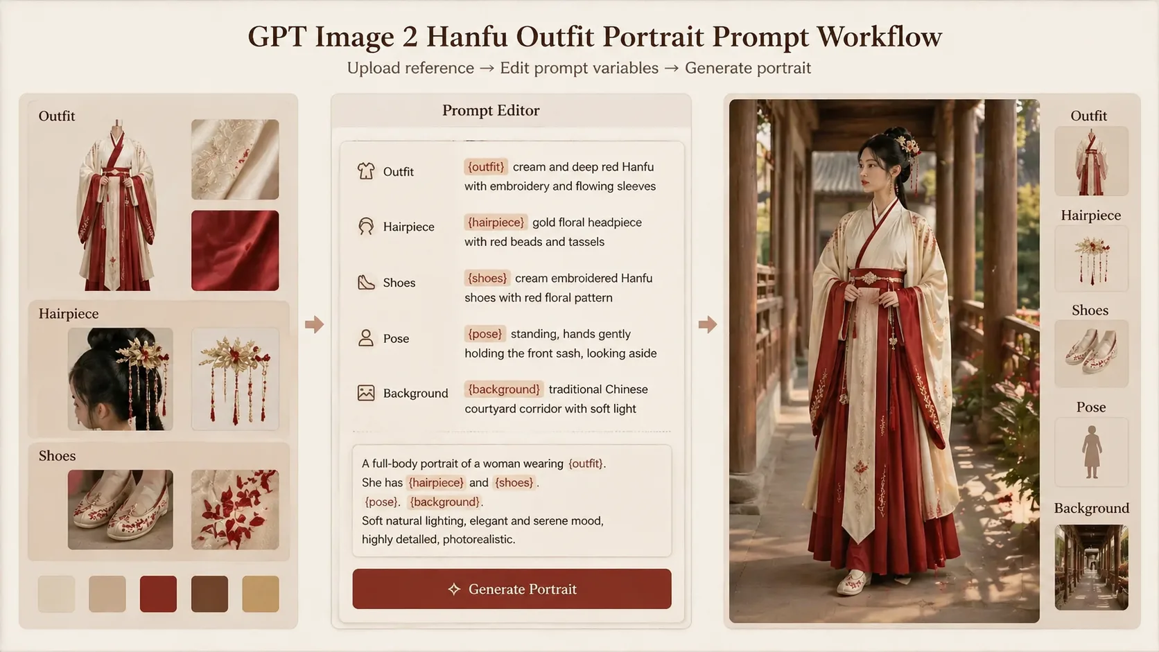 Editing outfit reference, hairstyle, shoes, pose, and background variables for a Hanfu portrait prompt