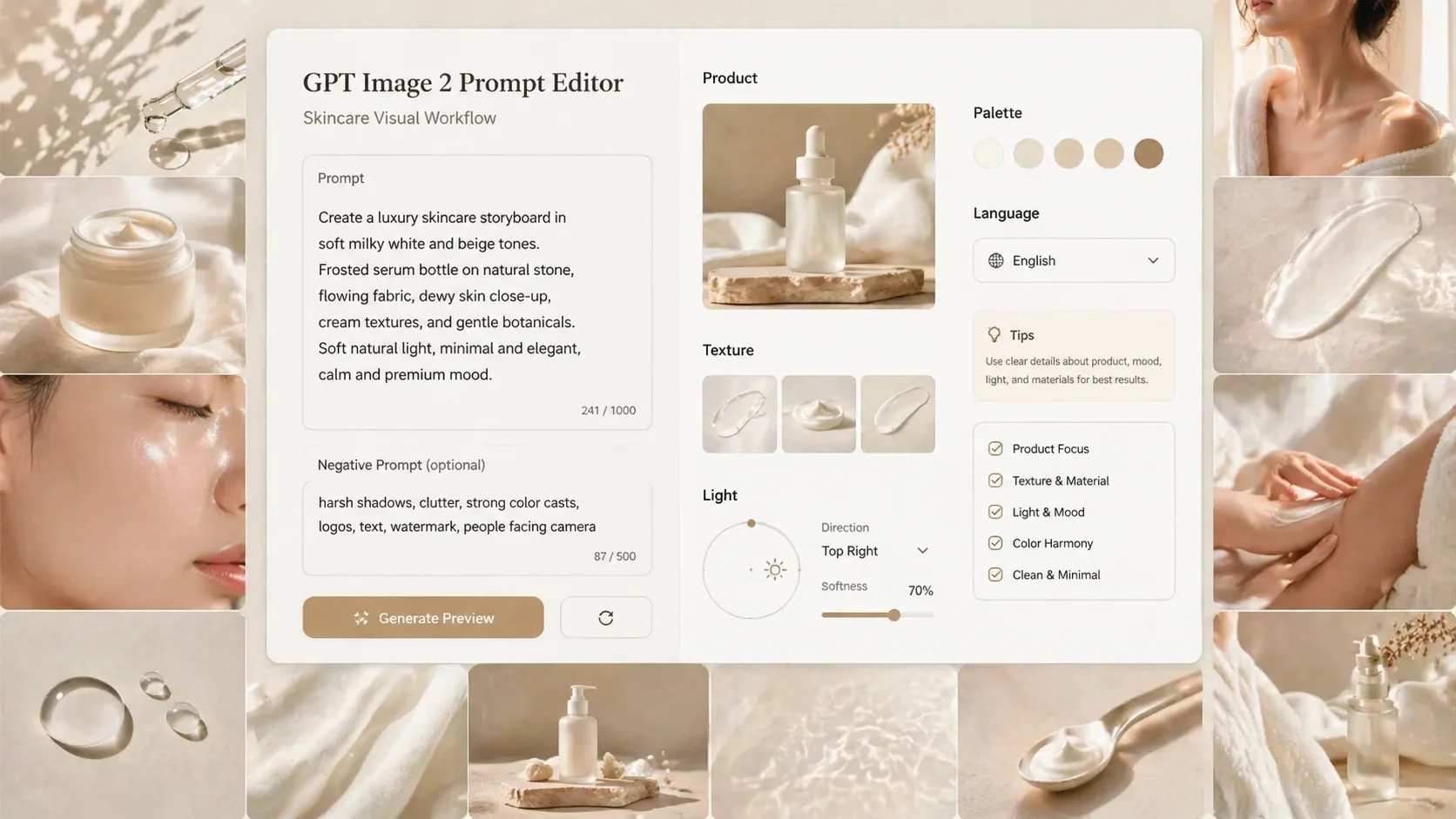 Modifier produit texture lumiere et langue dans le prompt