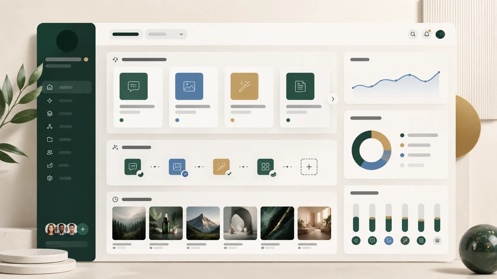 AI 工作流模板库、提示词卡片和创作资产管理界面