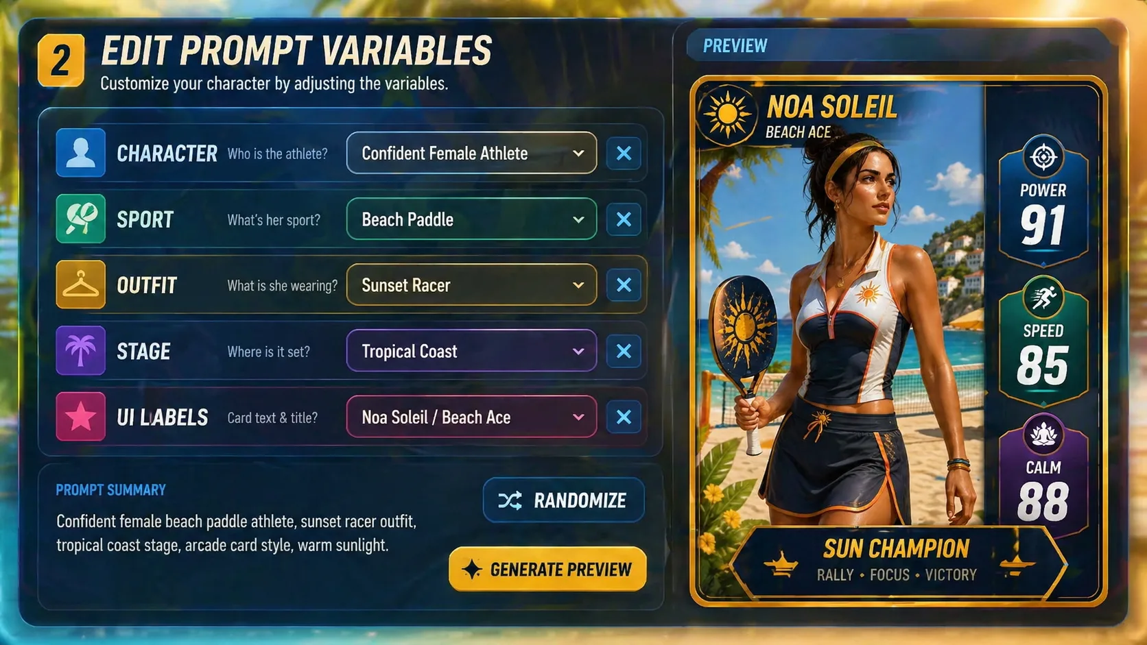 Editing character, sport, outfit, stage, and UI label variables in a prompt editor