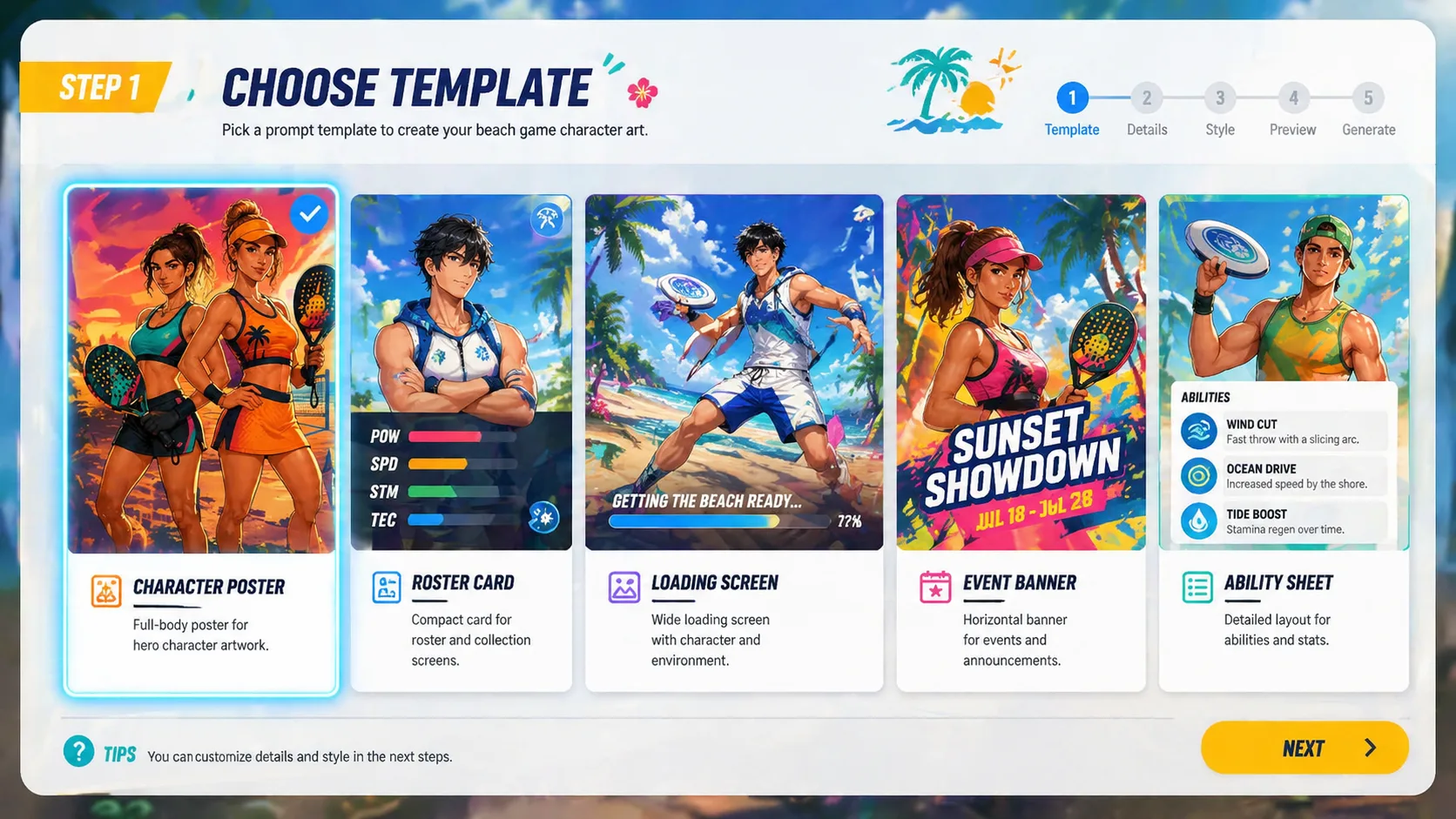 Choosing a beach game character prompt template from a visual template picker