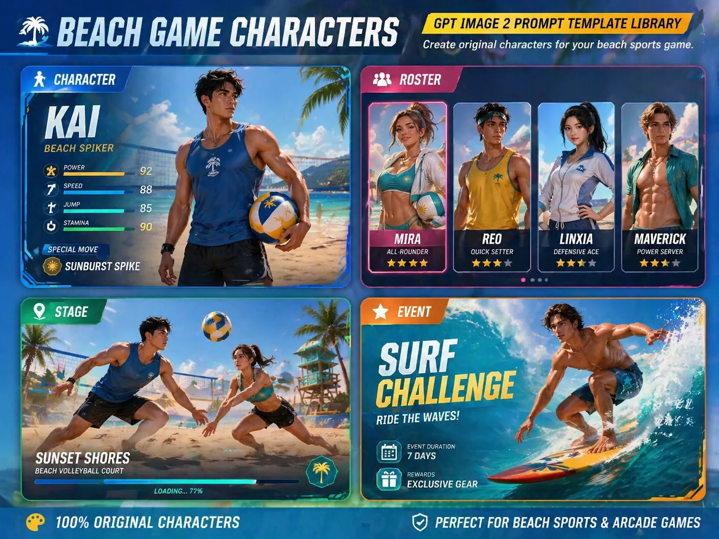 Overview collage of original adult beach game character prompt templates