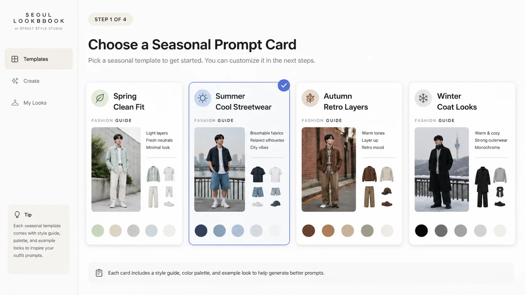 Choosing a seasonal Korean streetwear prompt template from a clean template grid