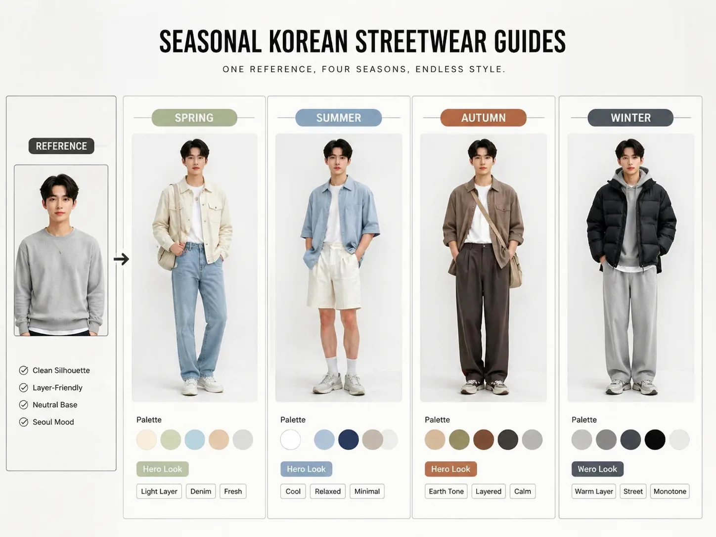 Overview of seasonal Korean streetwear guide prompts with four outfit lookbook panels