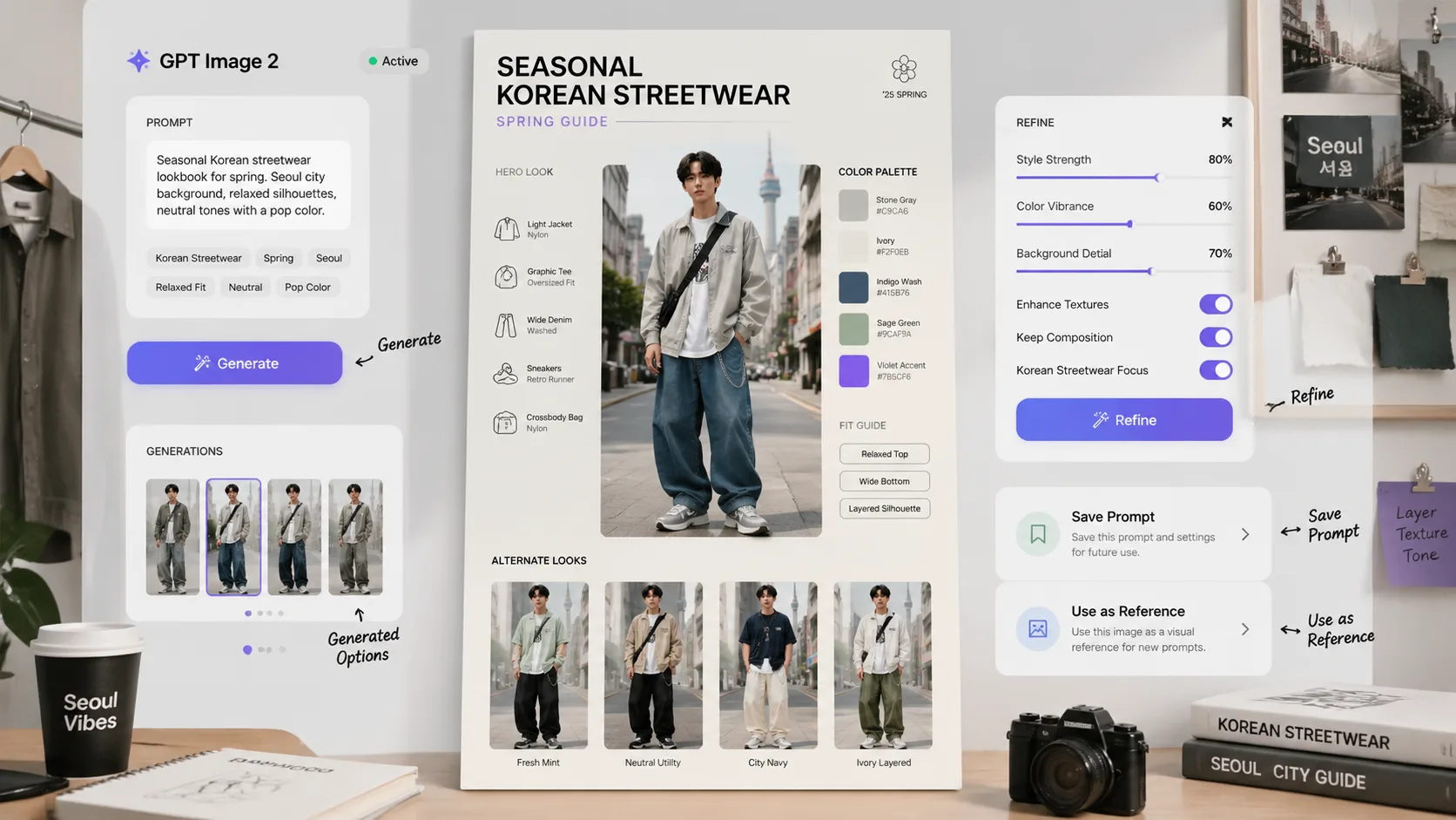 Generated Korean streetwear guide result with refine and save prompt workflow cues