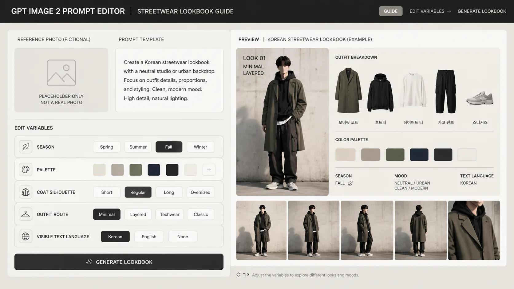 Editing reference details, palette, and outfit variables before generating a streetwear guide