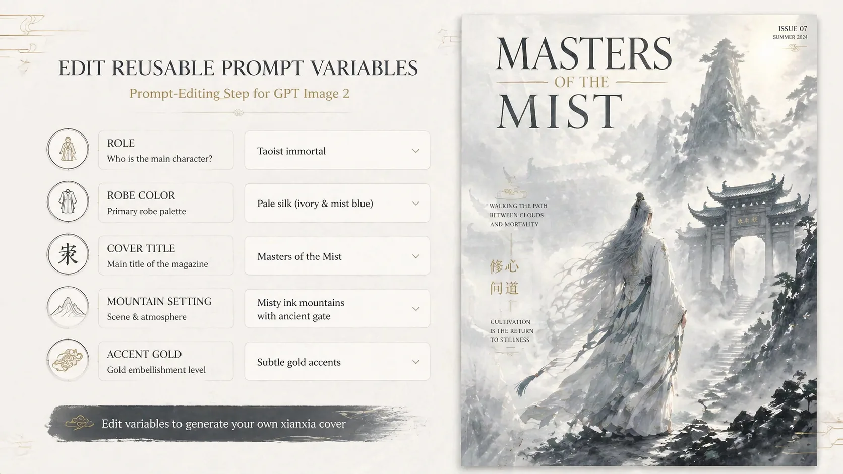 Editing xianxia cover title, character role, and visual variables