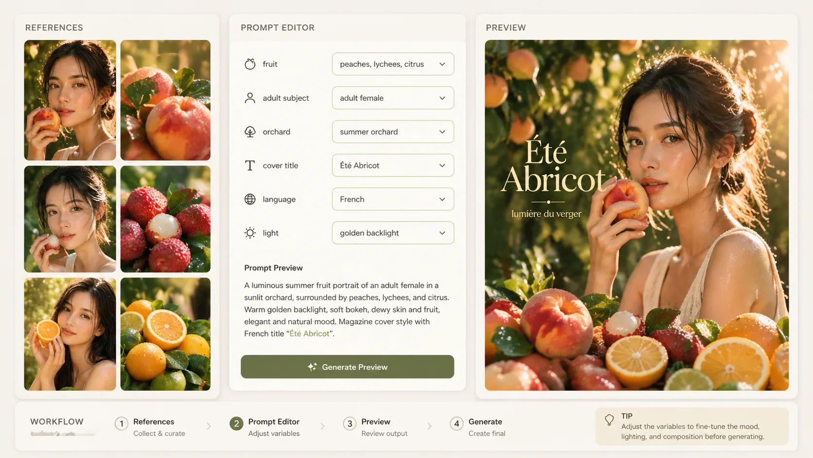 과일, 인물, 배경, 언어, 커버 제목 변수를 편집하는 워크플로