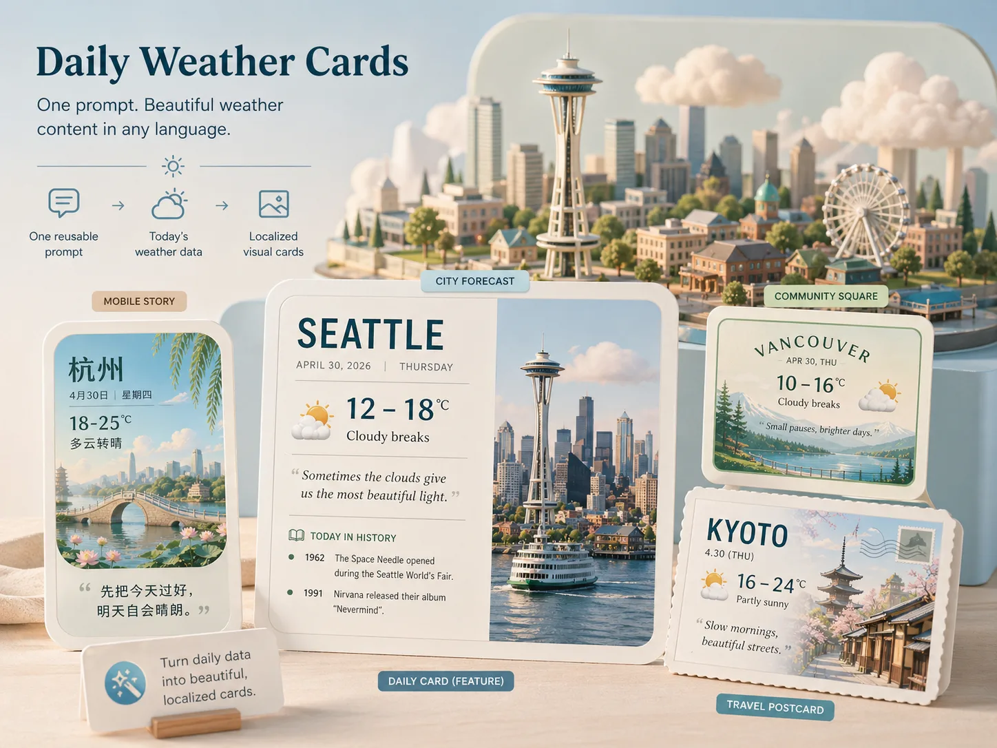 Overview of Daily Weather Cards templates showing forecast, quote, date, and localized card examples