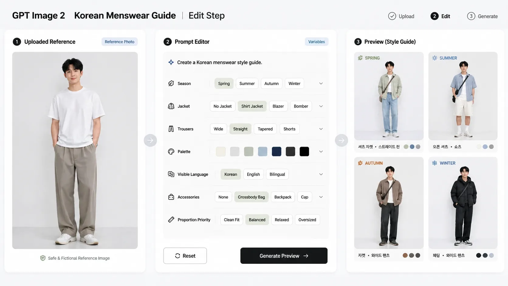 Menswear-Prompt-Variablen vor der Generierung bearbeiten