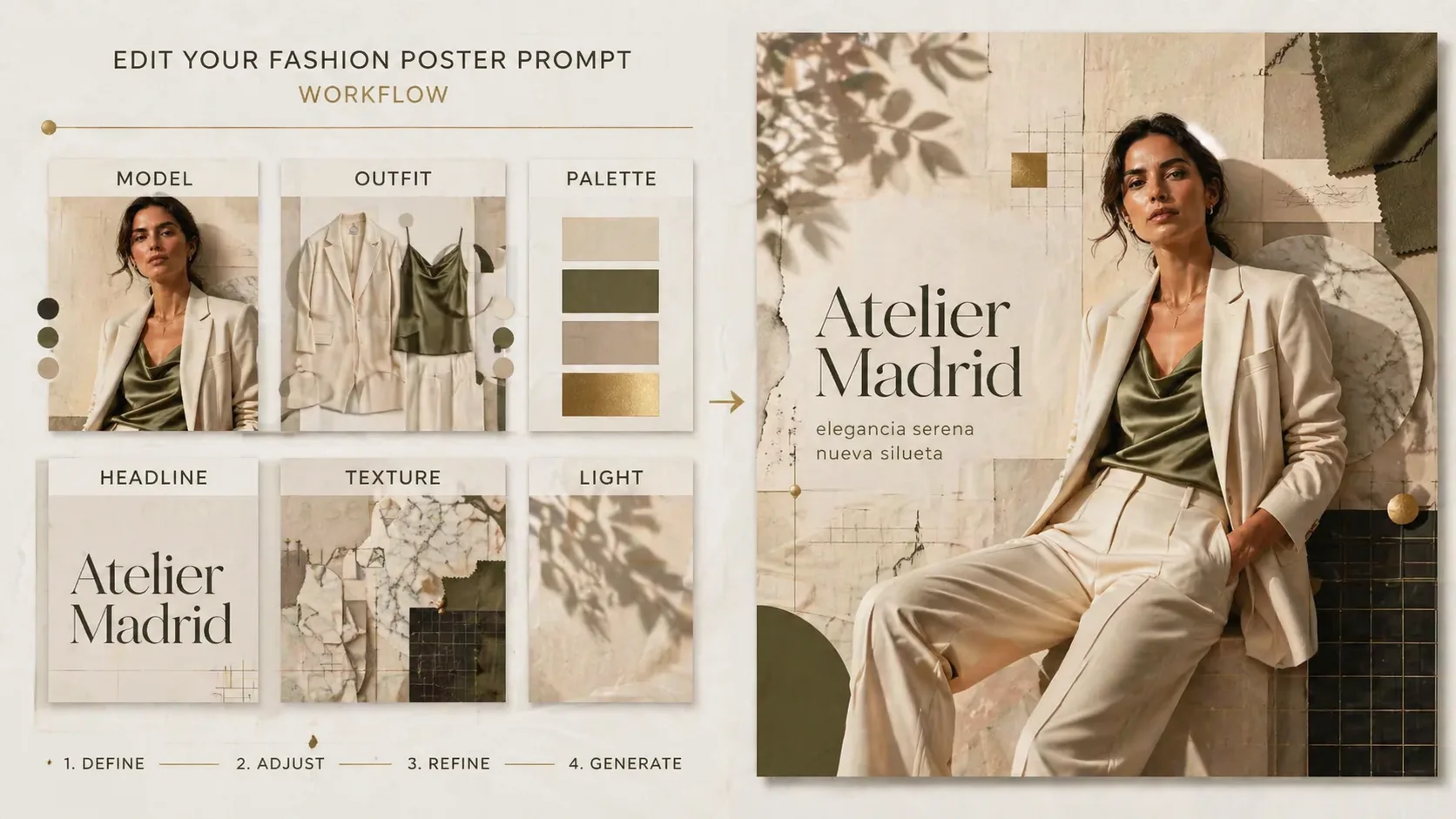 Editing fashion poster model, outfit, headline, and texture variables