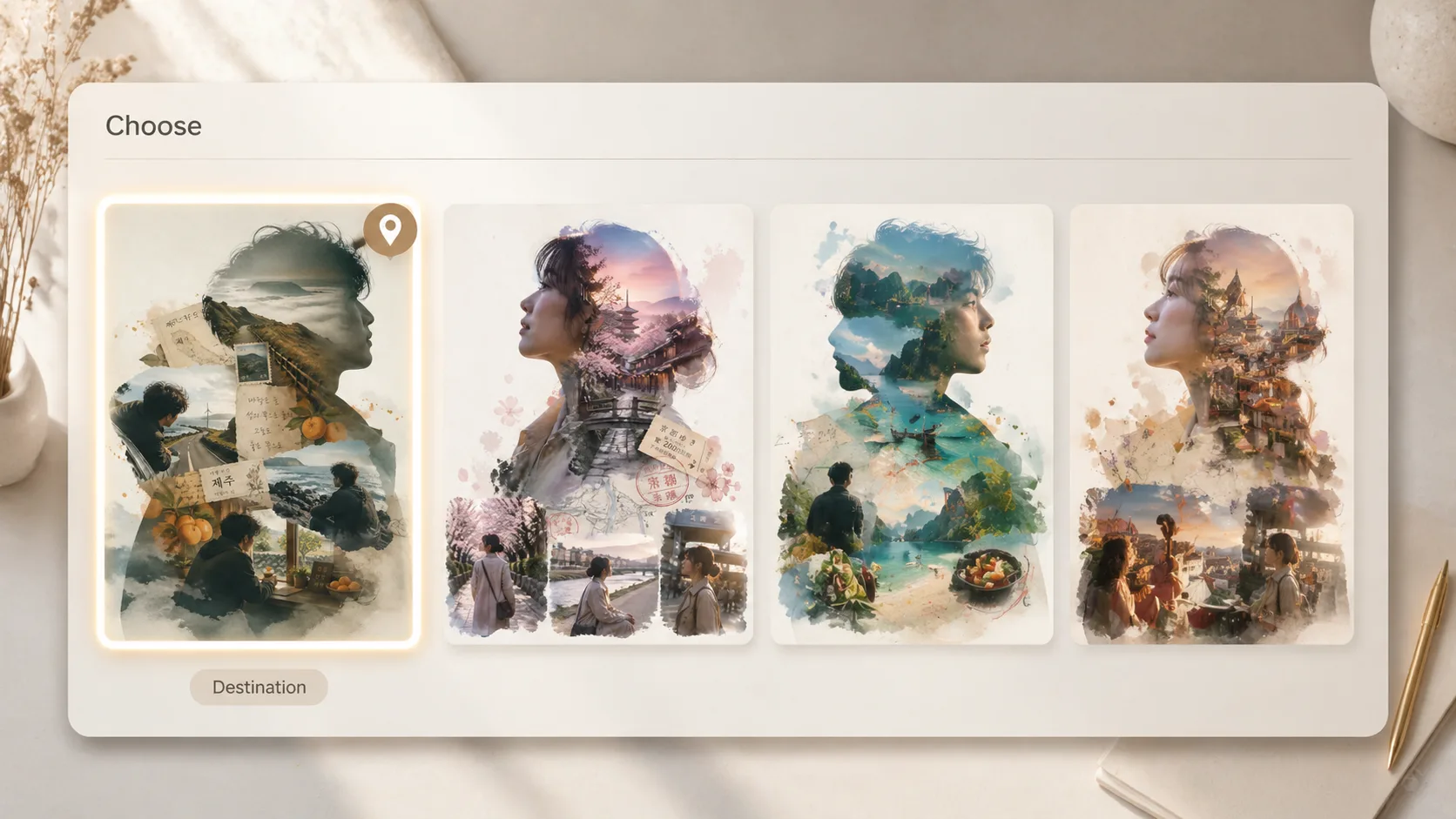 Choosing a destination travel silhouette prompt template