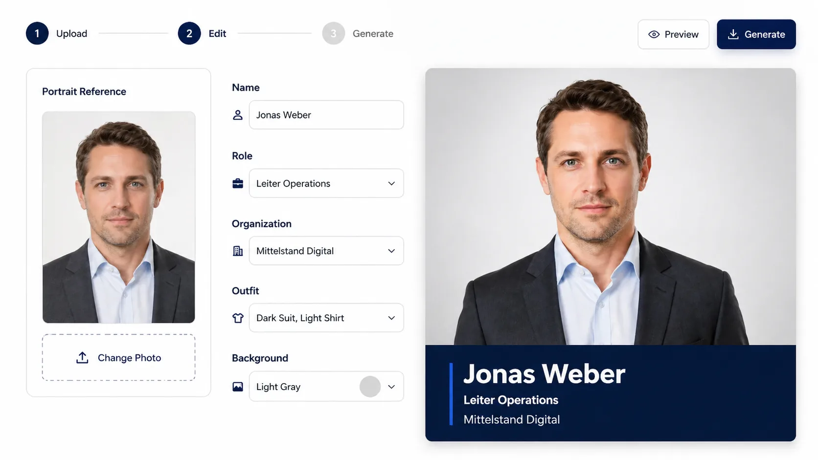 Editing profile details and reference image for a headshot poster