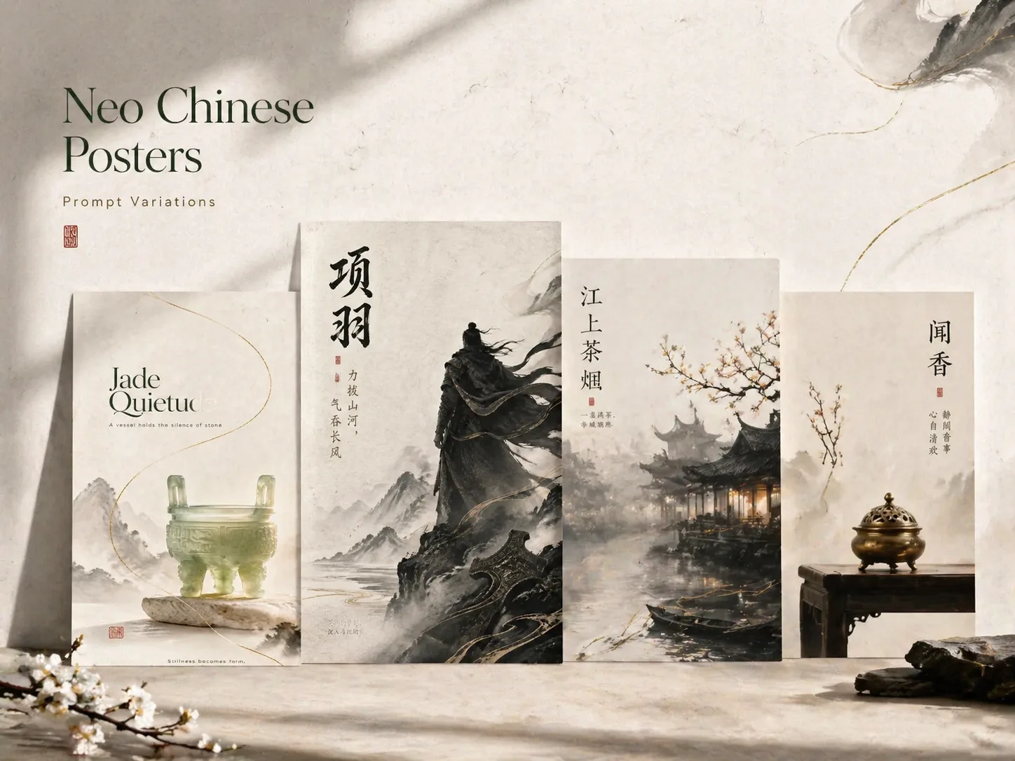 Overview of reusable neo-Chinese poster templates with rice-paper negative space
