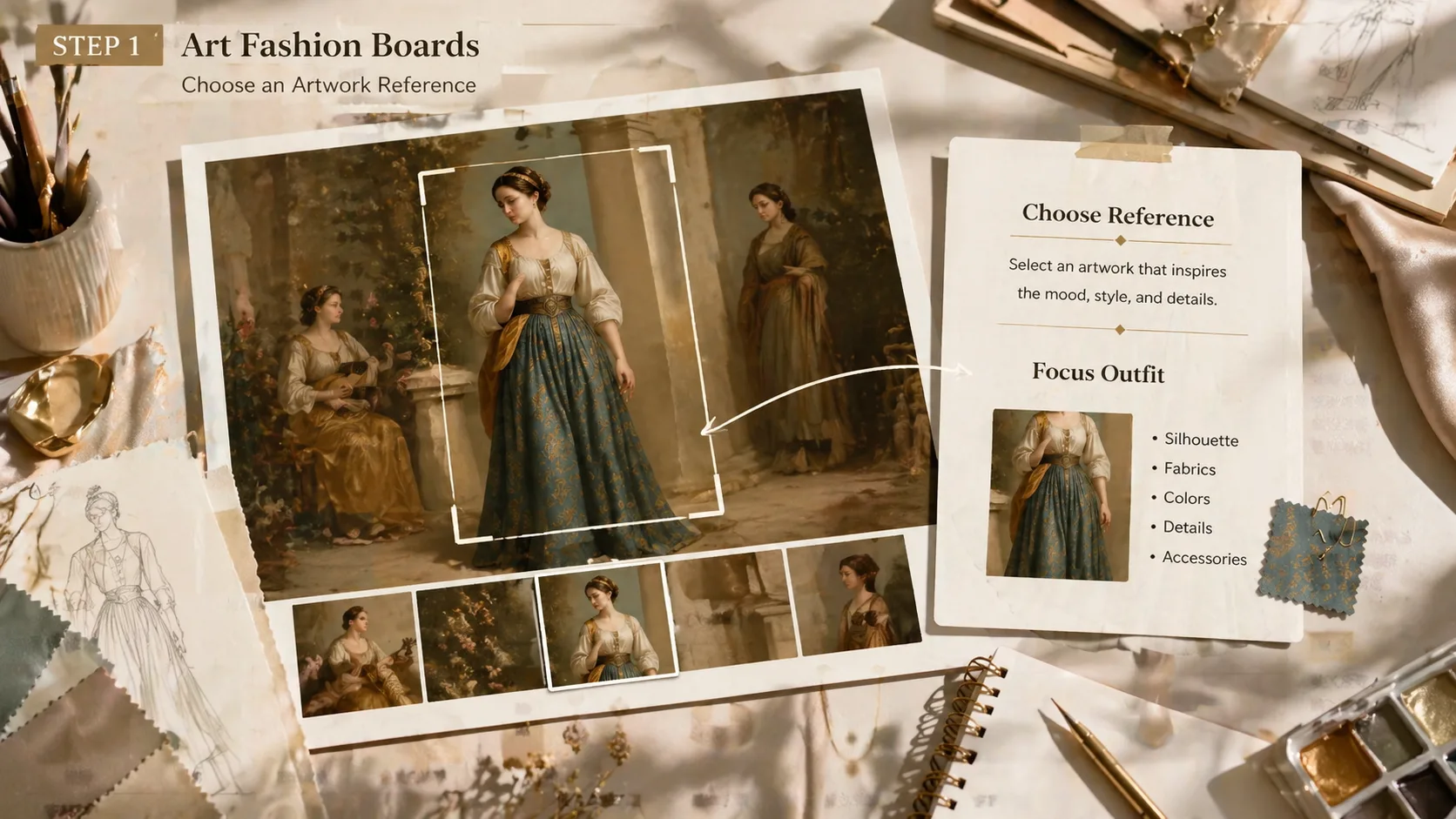 Workflow image showing artwork reference selection for a fashion design board