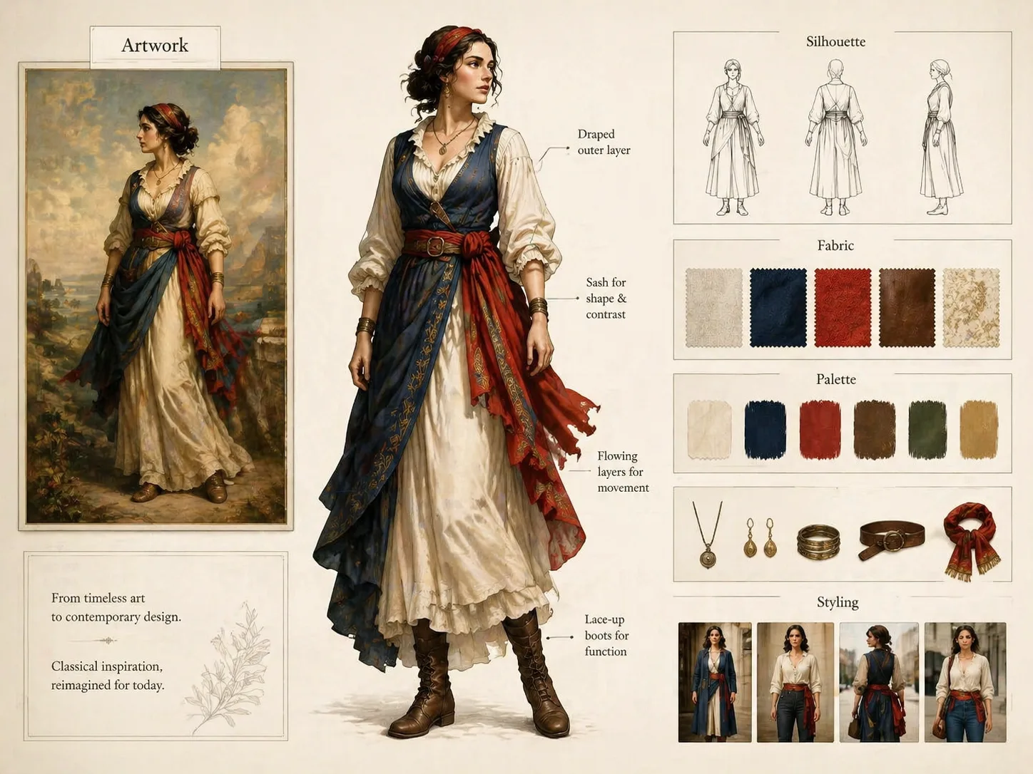 Artwork-inspired GPT Image 2 fashion design board with garment callouts, palette swatches, and fabric notes