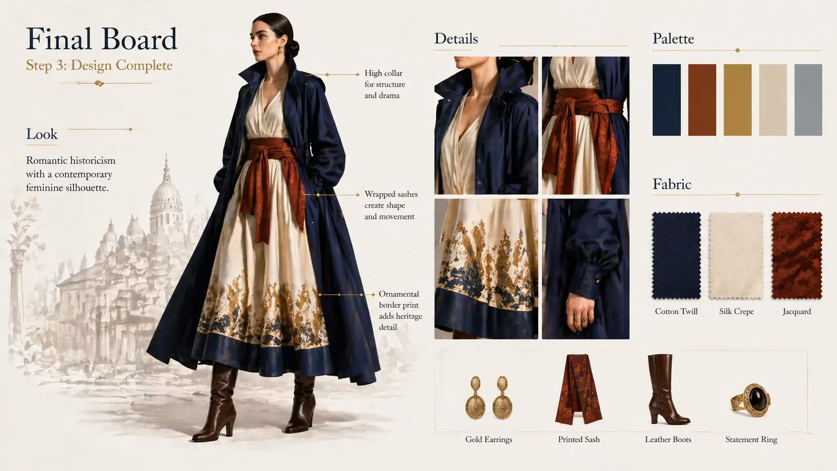 Workflow image showing a completed generated fashion design board with callouts and swatches