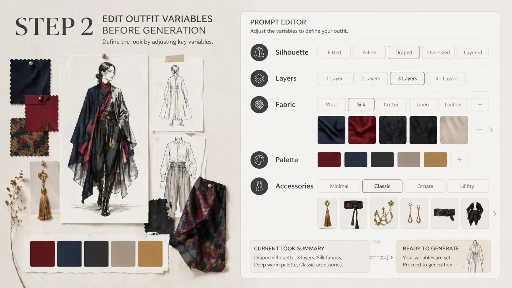 Workflow image showing editable garment variables, fabric swatches, and prompt chips