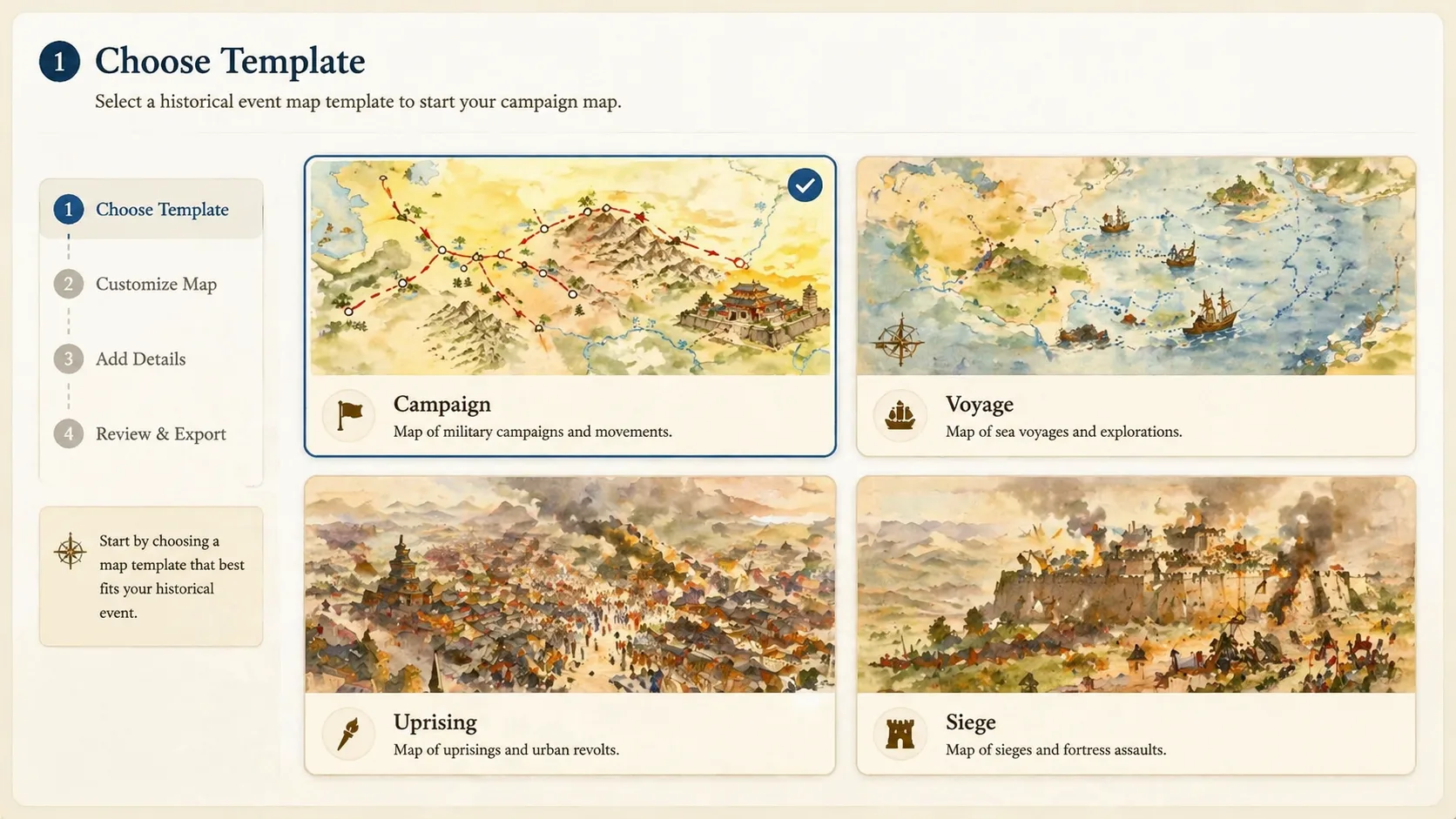 Choosing a historical event map template from a gallery of map styles