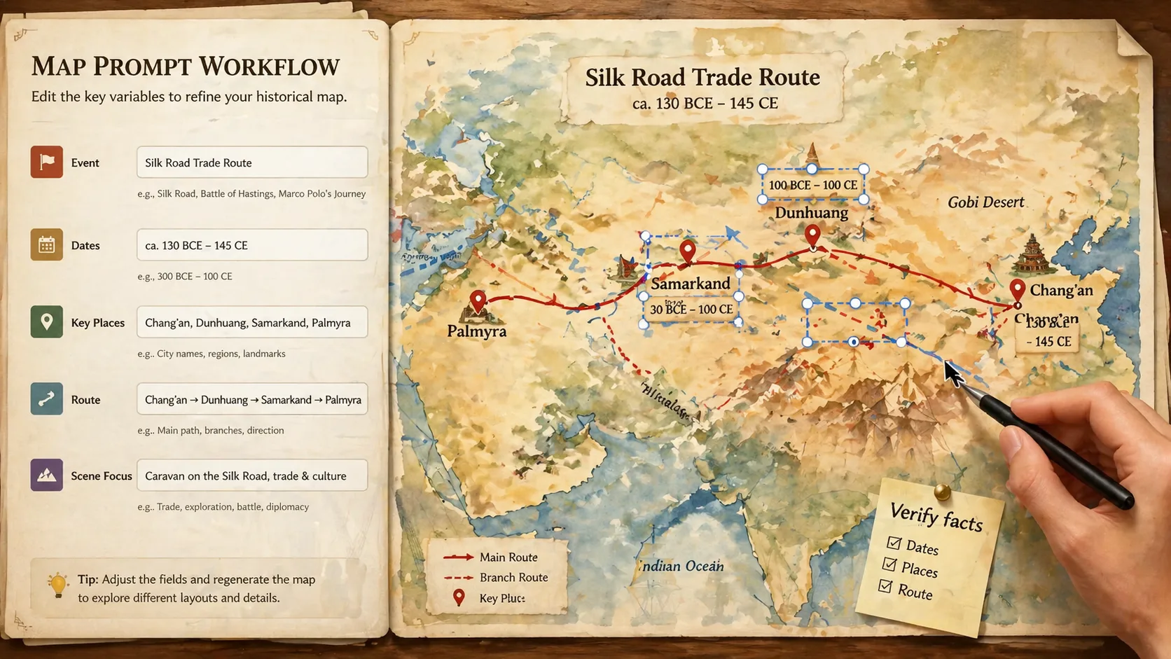 Editing event details, route labels, dates, and scene focus for a historical map prompt