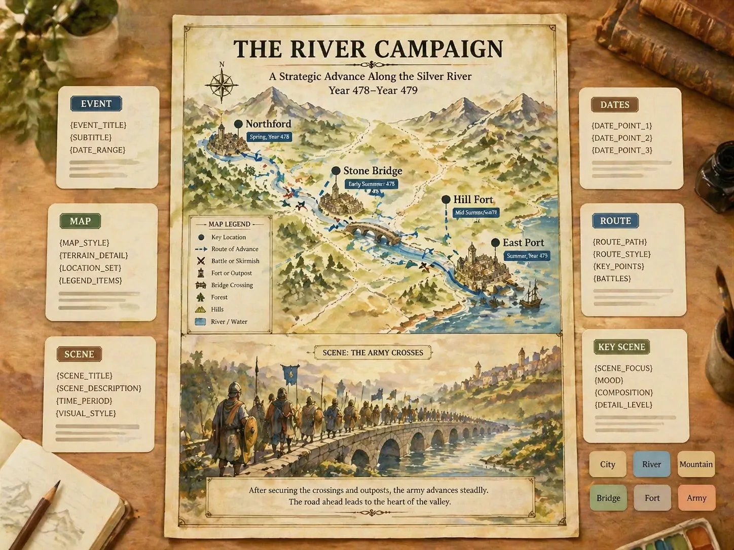 Overview of historical event map templates with route arrows, labels, and scene illustration