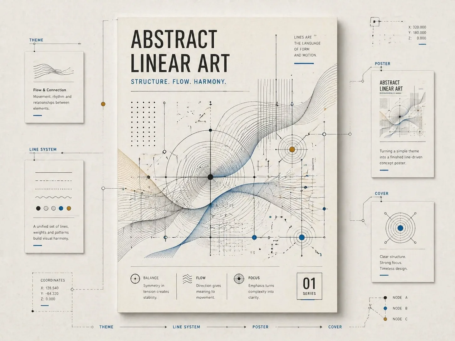 Abstract linear art template workflow overview