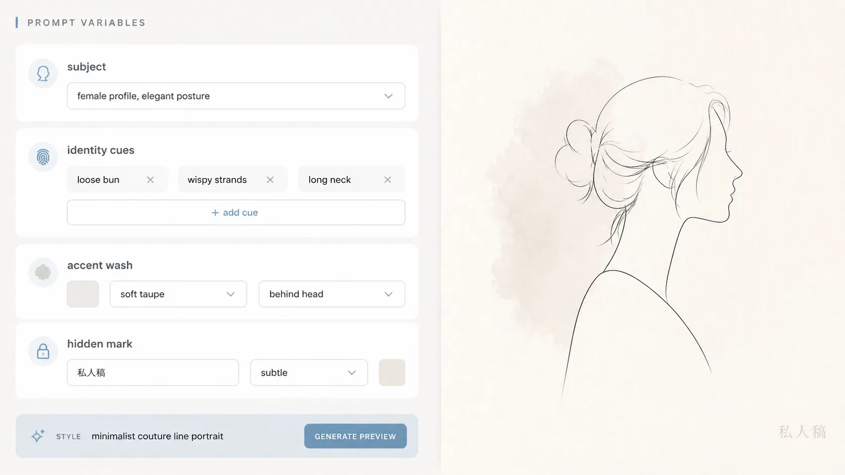 Editing subject cues, accent wash, and hidden mark variables for a line portrait prompt