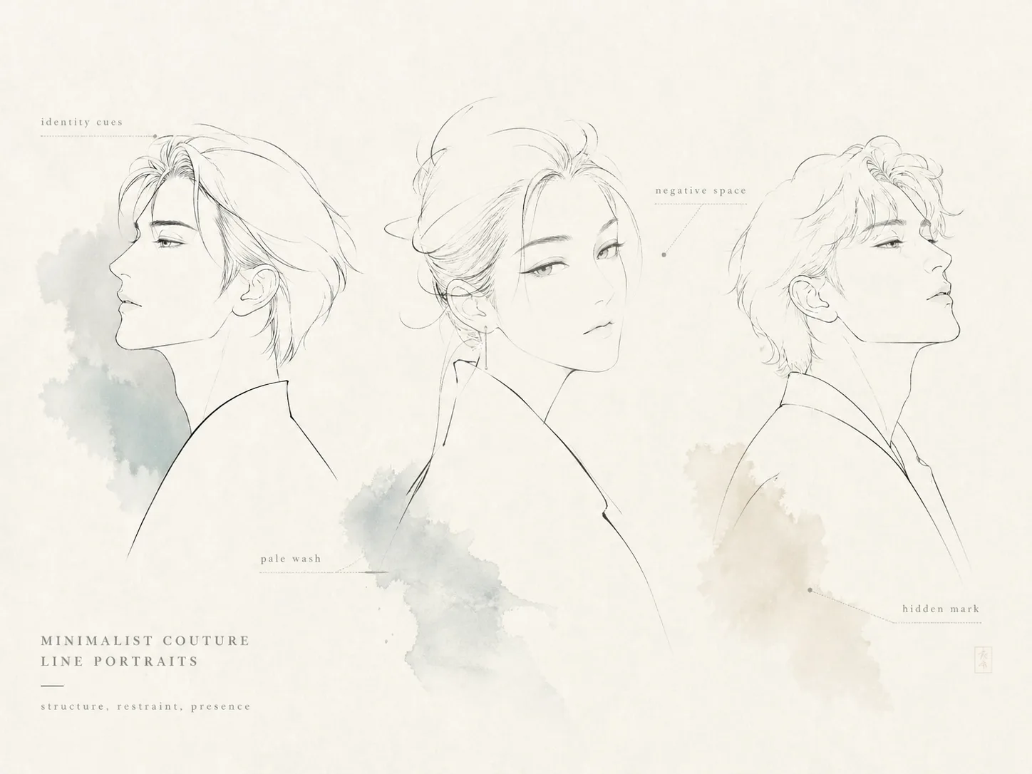 Overview of minimalist couture line portrait templates with sparse contours and pale wash accents