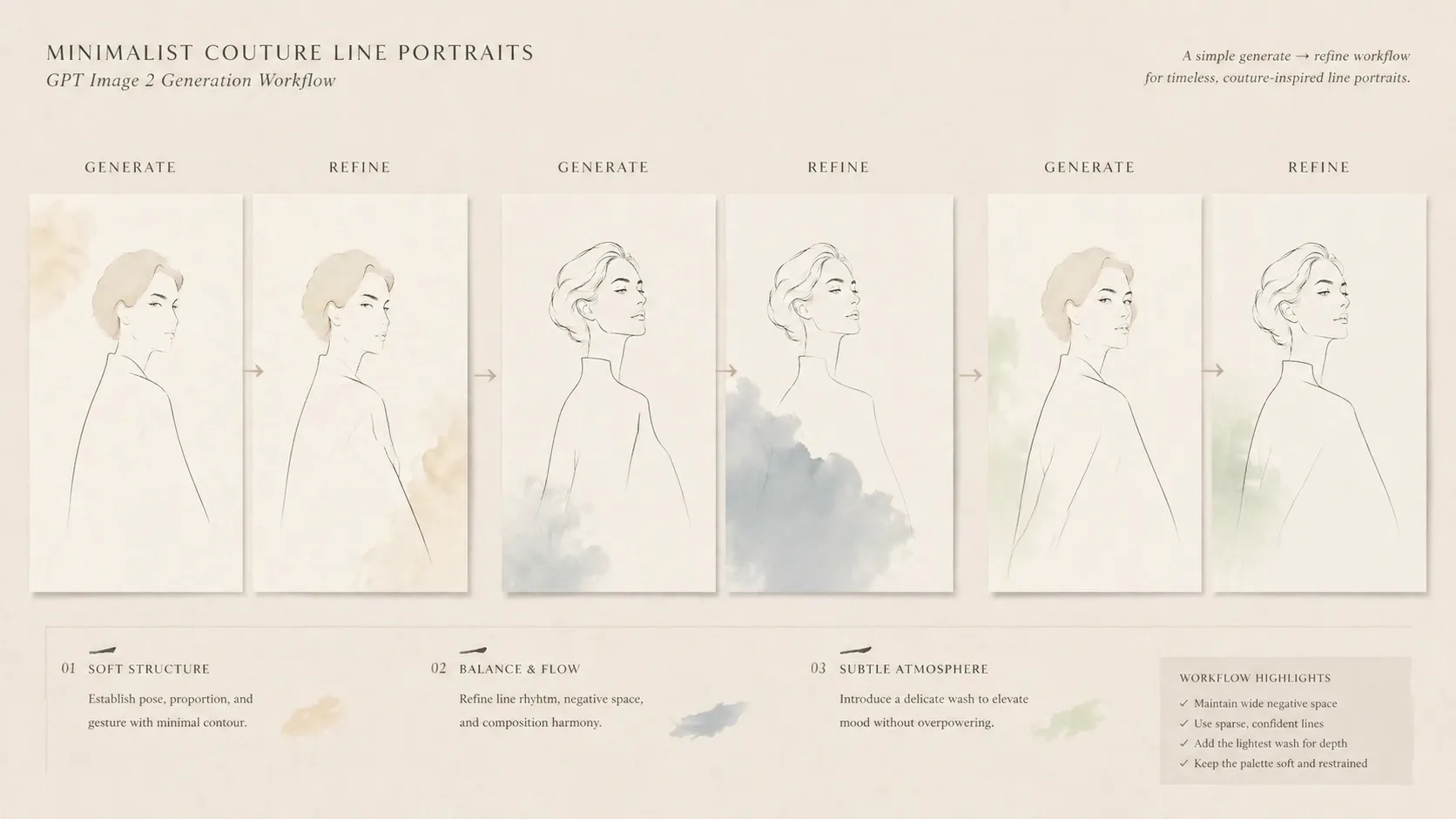 Generating and refining minimalist couture line portrait variants with GPT Image 2