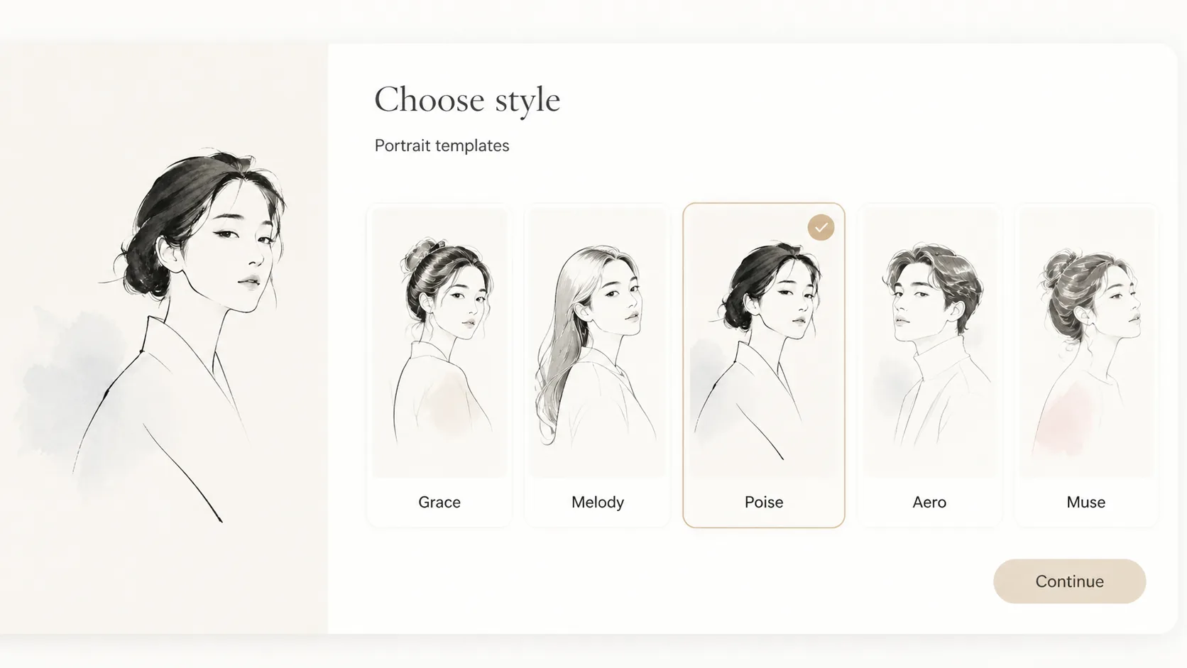 Choosing a minimalist couture line portrait prompt template from a clean template grid