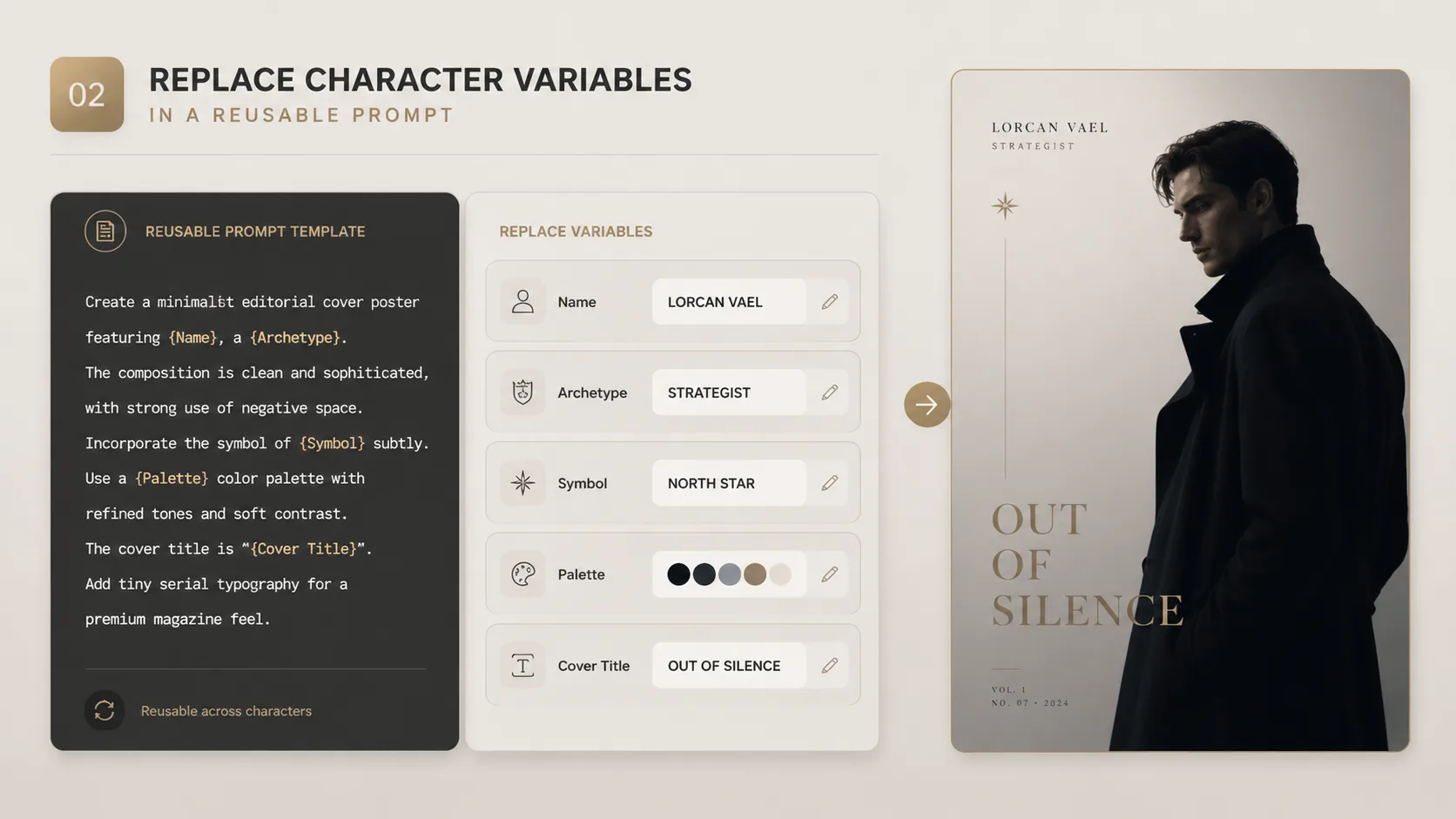 Editing character name, archetype, symbols, and cover text in a reusable prompt